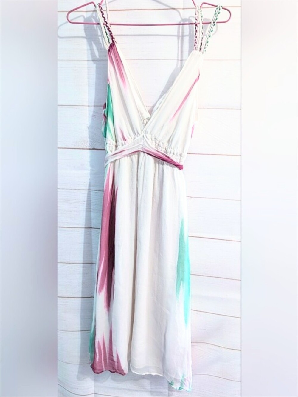 ❤️Beautiful❤️ 100% Silk Dress Waist Tie,Pink and Teal Watercolor Accents Size 8